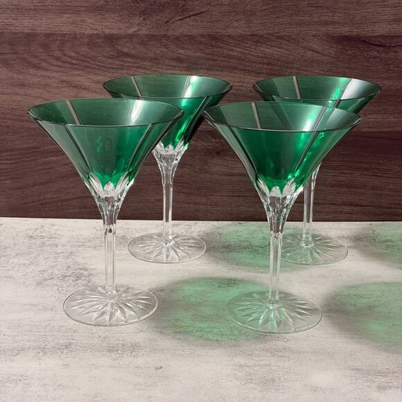 Vintage 80s Ajka Castille Albinka Green Cut to Clear S/Four Martini Glasses MINT - Picture 1 of 11